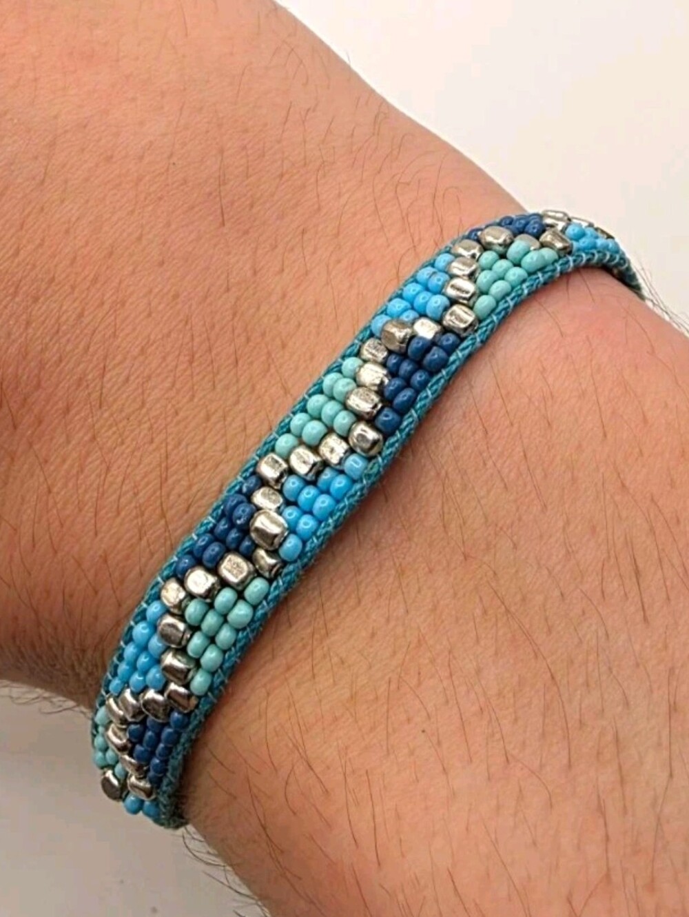 Boho Woven Seed Bead Friendship Bracelet Blue Teal Silver Chevron Adjustable Sli